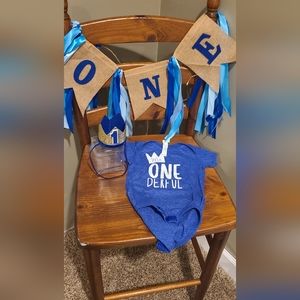 First Birthday onsie, banner, and crown